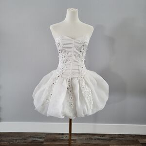 Strapless White Floral Appliqué Bubble Hem Wedding Dress